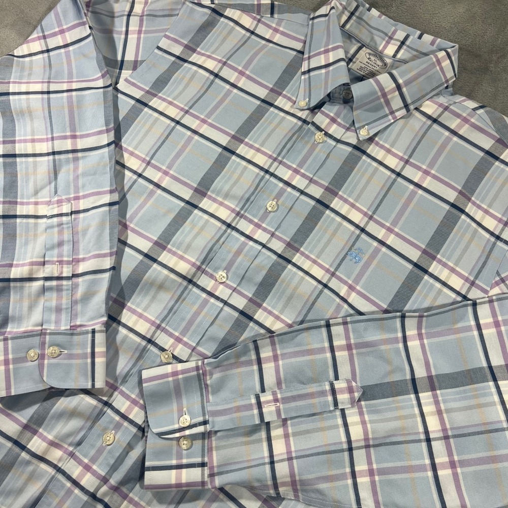 Brooks Brothers Regent Non-Iron Shirt Mens XL Blue Purple Plaid Supima Cotton - Picture 1 of 9